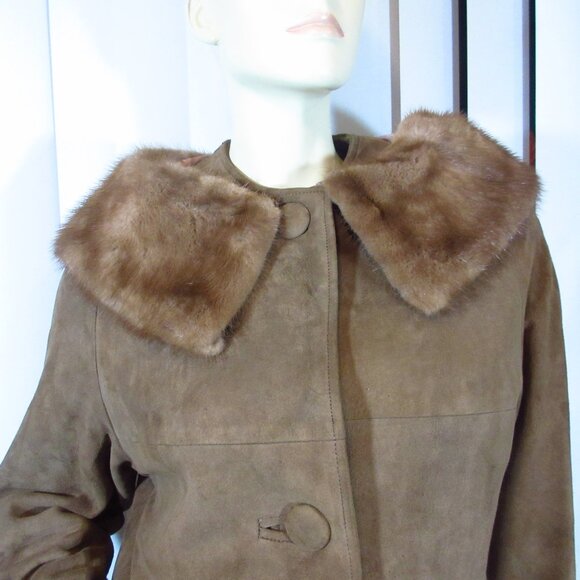 Vintage Shillito's Suede Leather Jacket 8 Long Trench Coat Fur Collar Dark Brown - Picture 6 of 16